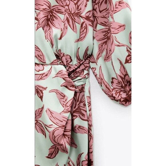 Zara Wrap Style Midi Floral Print Long Sleeves Satin - Picture 7 of 9